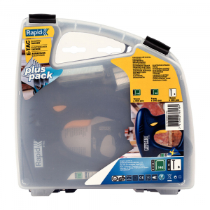 Capsator electric Rapid E-TAC pentru capse si cuie kit cu servieta pentru ambalaje,magazie duala,capse 140/6-14mm,cuie 8/15mm,include capse 140/8 (300 buc),140/12 (300 buc),cuie 8/15 (300 buc) 50005766