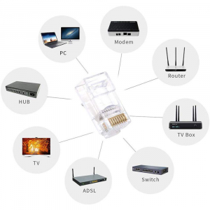 Mufa modulara RJ45 sertizare 8 pini 8 contacte Pass-through CAT6, contacte aurite, pentru crimpare, PVC transparent, tip tata, 100 buc/set [1]