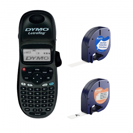 Printers - Dymo LetraTag 100H Black Edition Set, labeling machine, ABC, DYMO LetraTag Labelling Tape, plastic, white, and a paper tape