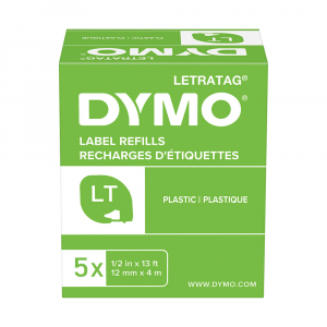 Set 5 x DYMO original Letratag plastic 4 plus 1, plastic autocolant alb, 12mm x 4m, alb 5 bucati/set 91221, DY9122117