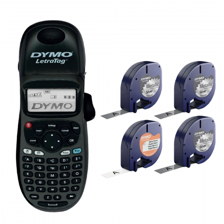 Letratag Label Printers - DYMO LetraTag LT-100H Thermal Label Printer Set with original DYMO tapes, one white paper and 3 silver tapes