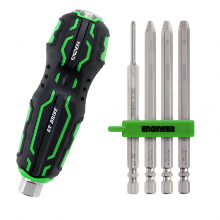 Extractoare suruburi uzate si accesorii - Set Maner Surubelnita De Trecere Suporta Impact Ciocan Engineer DZ-70 cu 4 biti extractori 105 mm Engineer DBZ-62/63/64/65