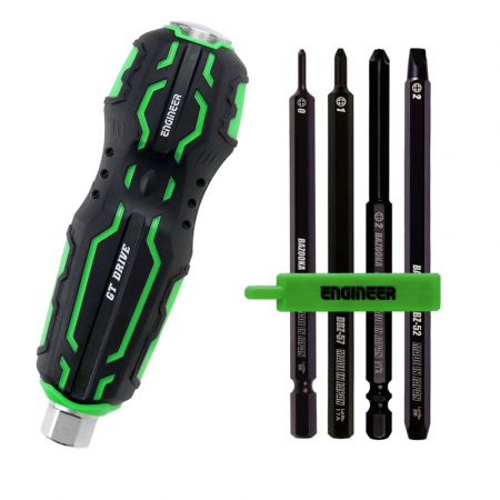 Extractoare suruburi uzate si accesorii - Set Maner Surubelnita De Trecere Suporta Impact Ciocan Engineer DZ-70 cu 4 biti extractori 105 mm negri Engineer DBZ-22
