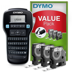 Start kit Dymo LabelManager 160 aparat etichetat cu 3 x Banda originala Dymo D1 12mm x 7m, negru/alb si 1 x Adaptor la retea, S0946320, S07205301