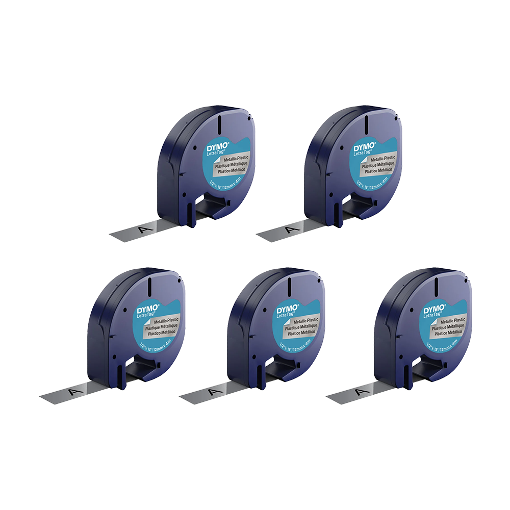 Set 5 etichete din plastic argintiu metalizat DYMO LetraTag 12 mm pentru recepții, birouri și identificare elegantă S0721730