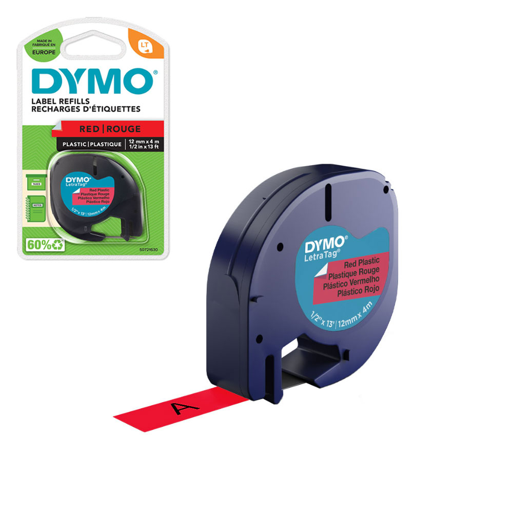 DYMO LetraTag red plastic, Labelling Tape, 12mmx4m, 91203