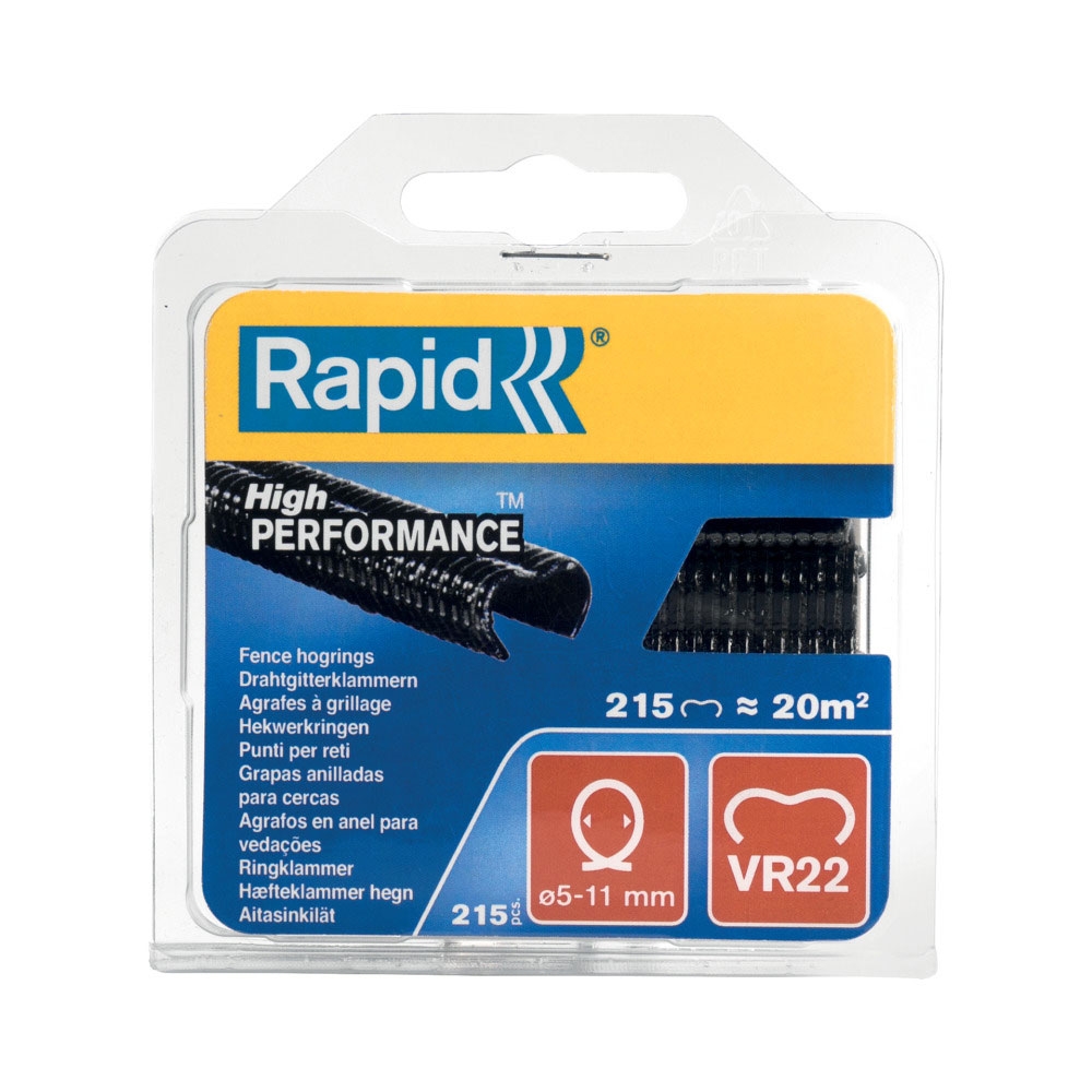 Capse gard Rapid VR22 galvanizate cu acoperire neagra PET, inchidere 5-11 mm, pentru legat plasa de sarma si plasa de umbrire, blister 215 bucati
