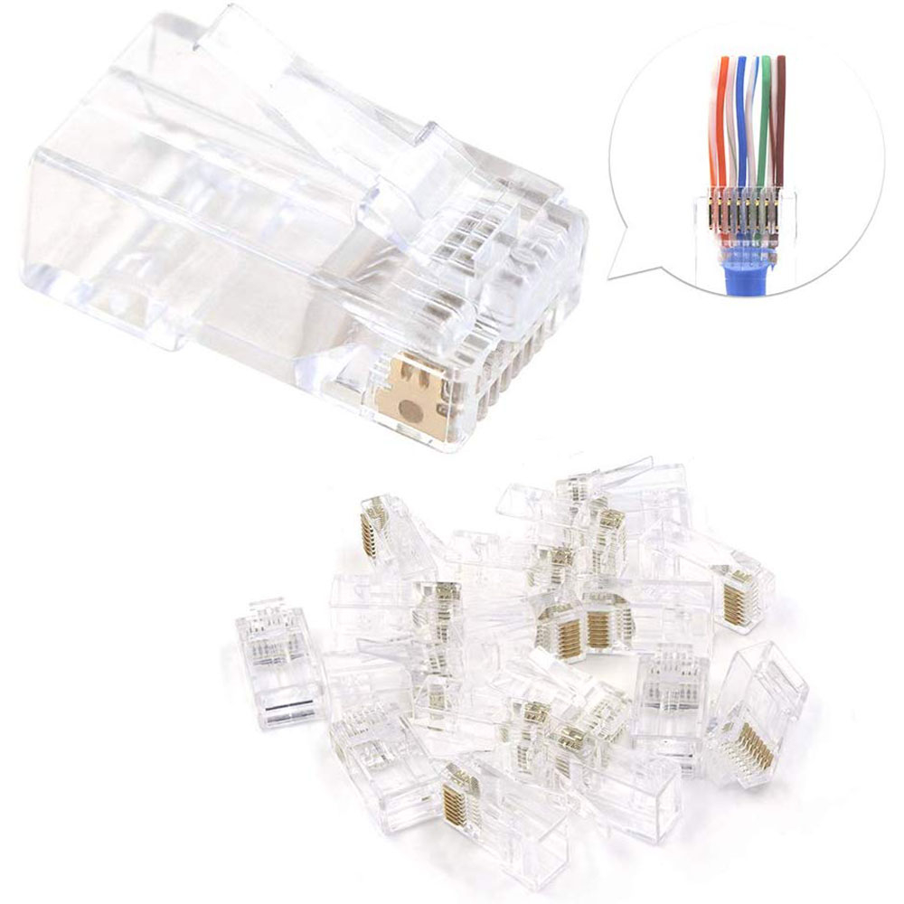 JODROAD RJ45 CAT5 CAT5E Pass Through Connectors, Gold Plated 3 Prong 8P8C  UTP Ethernet Ends for Solid Wire and Standard Cable - 100pcs