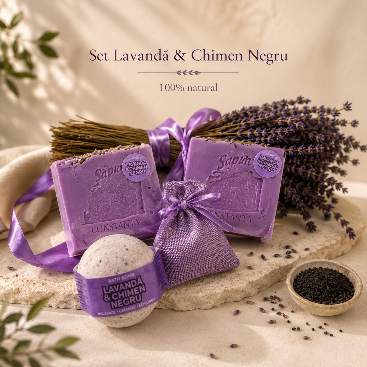 set natural cu lavanda si chimen negru 2 sapunuri sare de baie si saculet aromat [2]