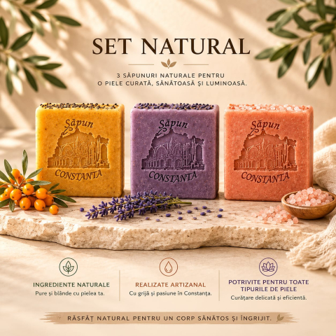 SUPER PRET - set 3 vitamin sapunuri naturale,lavanda,catina si argila roz