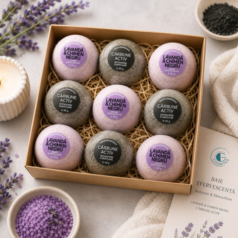 SARE DE BAIE EFERVESCENTA - Set 9 Săruri de Baie Efervescente – Lavandă & Chimen Negru + Cărbune Activ – 450 g