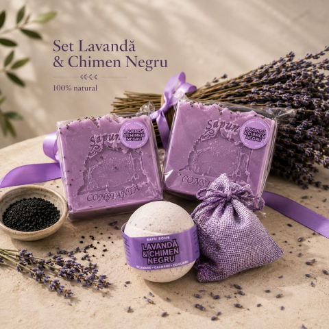 sapunuri naturale solide - set natural cu lavanda si chimen negru 2 sapunuri sare de baie si saculet aromat