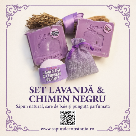 Set natural cu lavandă și chimen negru – 2 săpunuri, sare de baie și săculeț aromat [1]