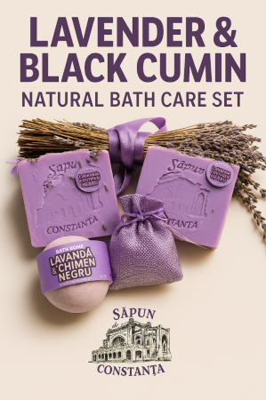 sapunuri naturale solide - Set natural cu lavandă și chimen negru – 2 săpunuri, sare de baie și săculeț aromat