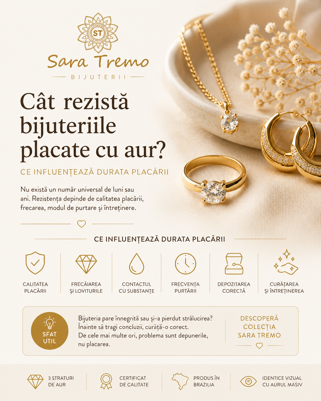 Cât rezistă bijuteriile placate cu aur? Ce influențează durata placării
