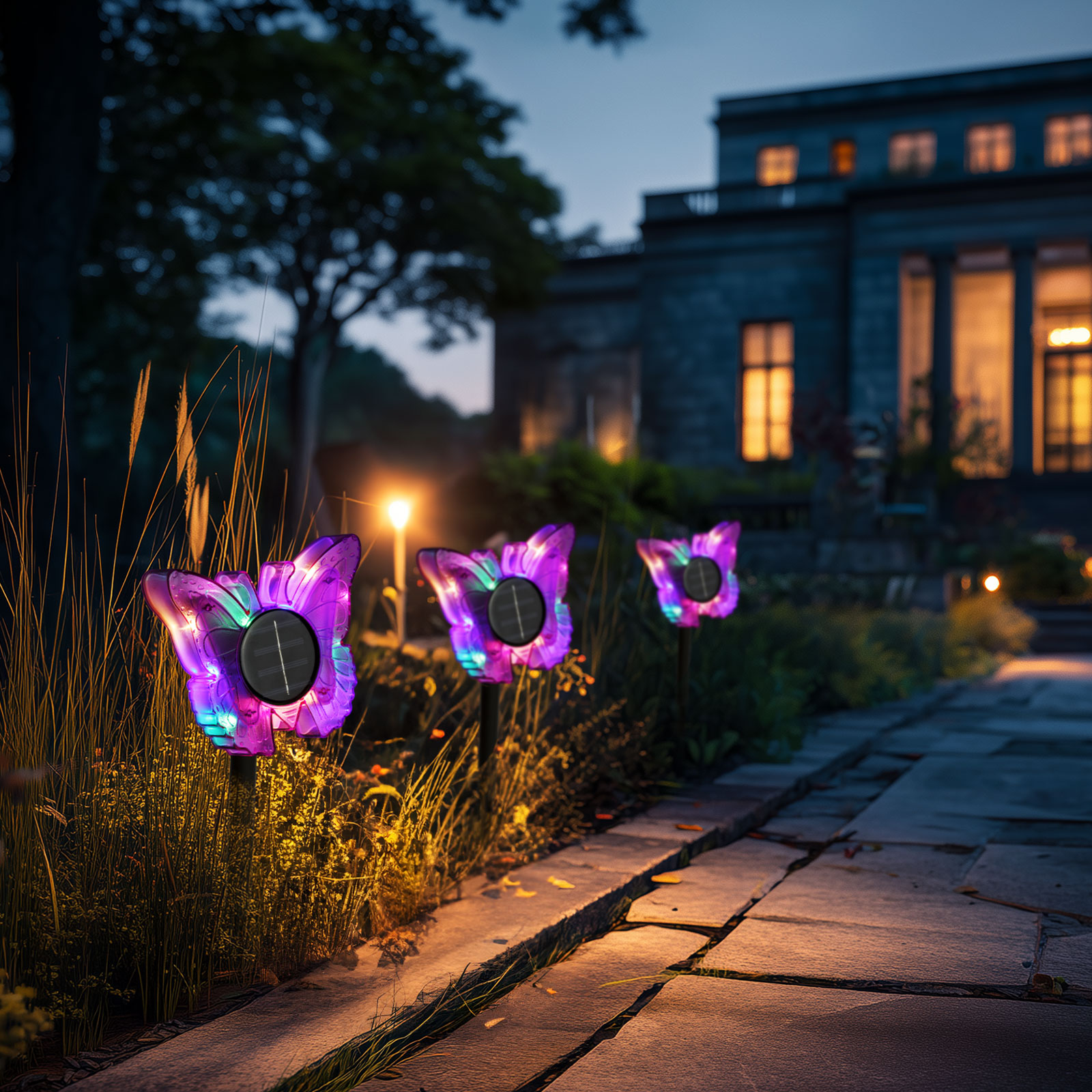 Iluminat Exterior si Solar - Lampă Solară de Grădină cu Fluture, LED Alb Cald și Multicolor, 35 cm, Mov