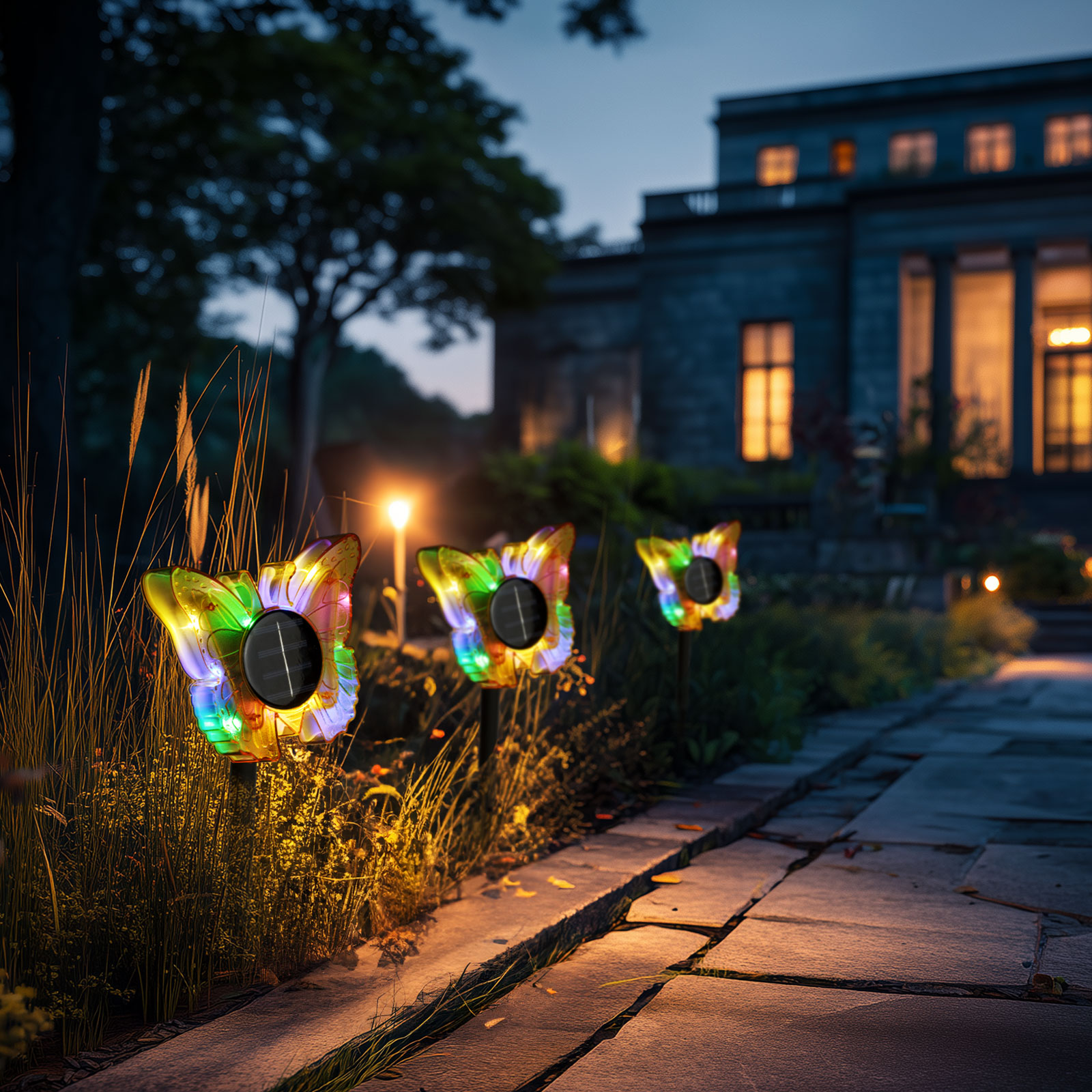 Iluminat Exterior si Solar - Lampă Solară de Grădină cu Fluture, LED Alb Cald și Multicolor, 35 cm, Galben