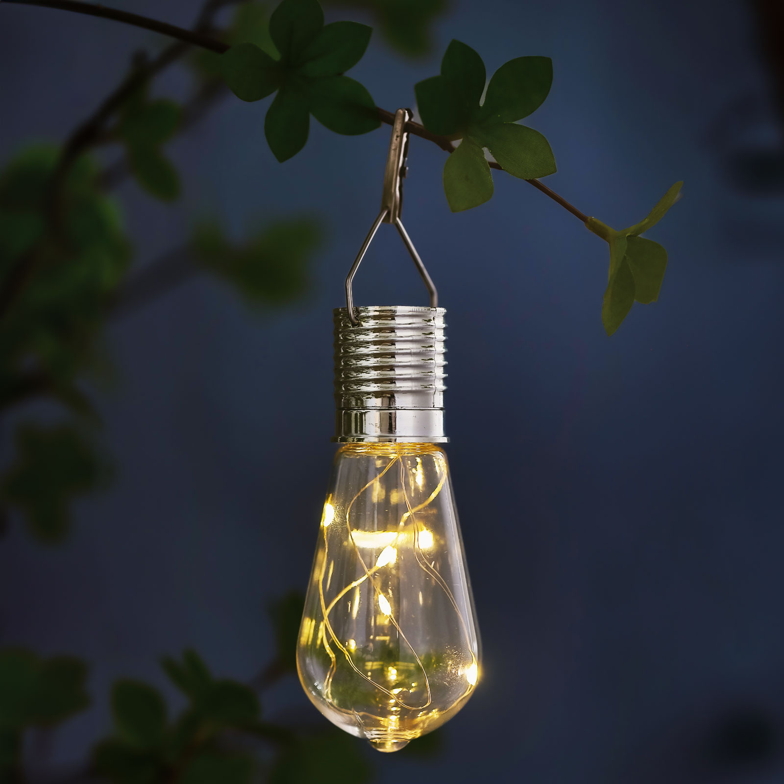 Iluminat Exterior si Solar - Lampa solara suspendabila tip bec, 4 LED alb cald, decor terasa/ balcon /gradina exterior