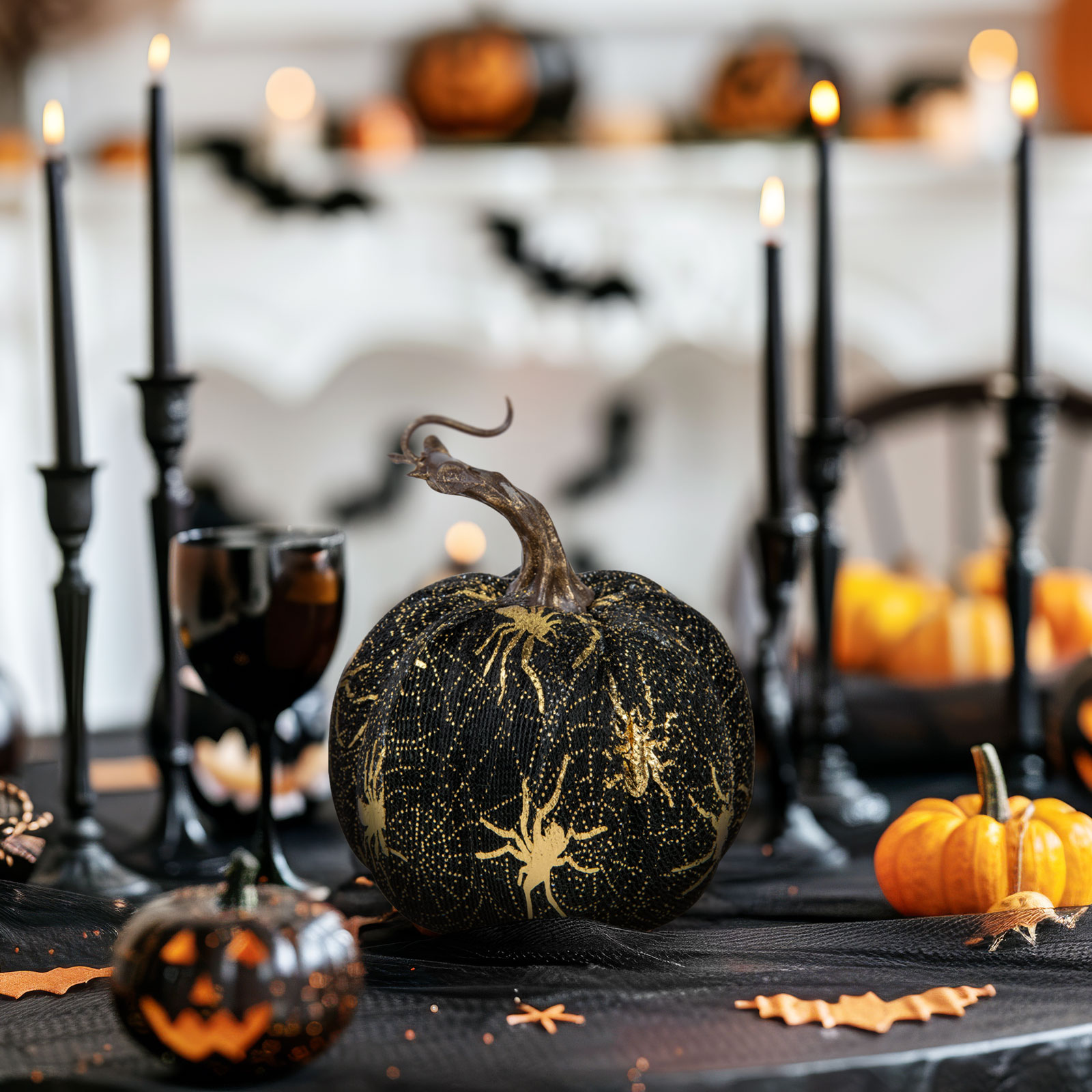 Casa si Gradina - Dovleac decor de Halloween - 11 cm - negru cu păianjen