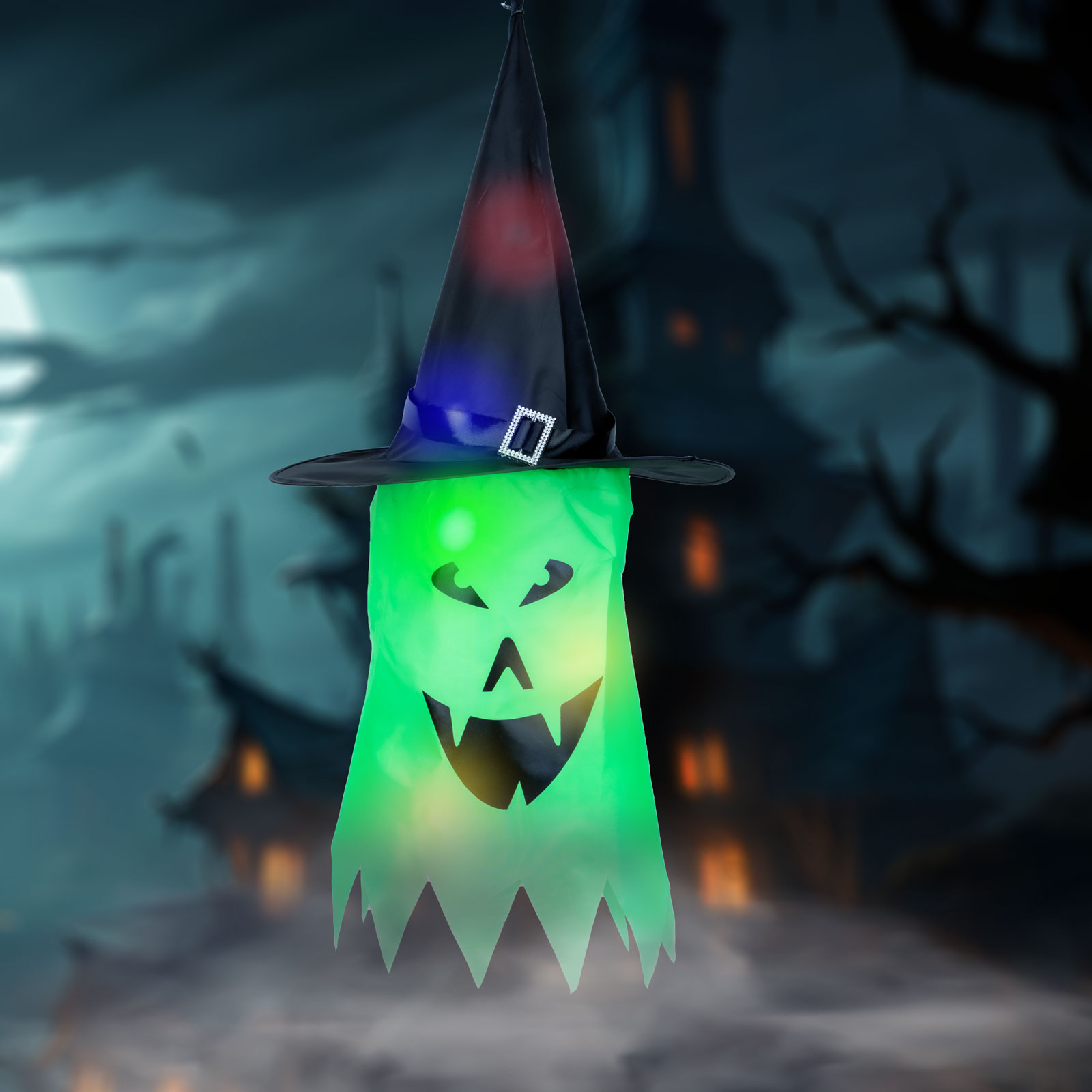 Decor LED Halloween - fantomă - verde - LED 10 culori - suspendabil - 2 x 2032 - 75 x 35 cm [0]