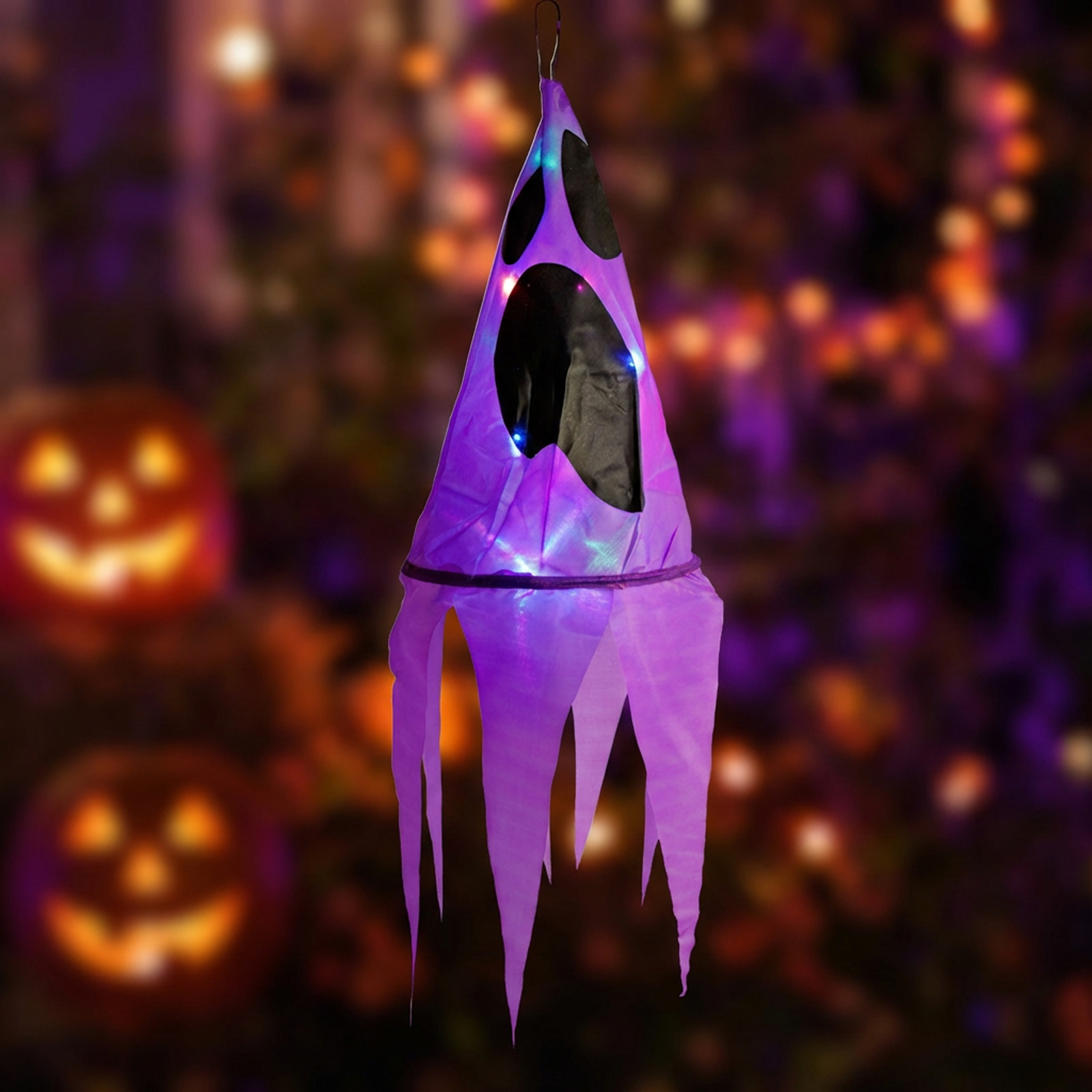 Decorațiune iluminată de Halloween - fantomă - mov - 10 LED-uri colorate - de agățat - 2 x 2032 - 75 [0]