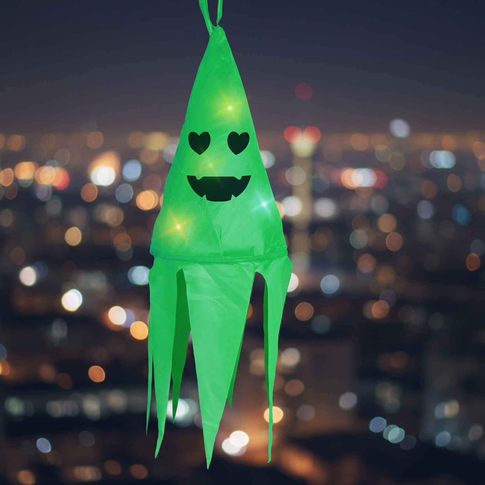 Decorațiune luminoasă de Halloween - Fantomă - Verde - 10 LED-uri colorate - De agățat - 2 x 2032 - [0]