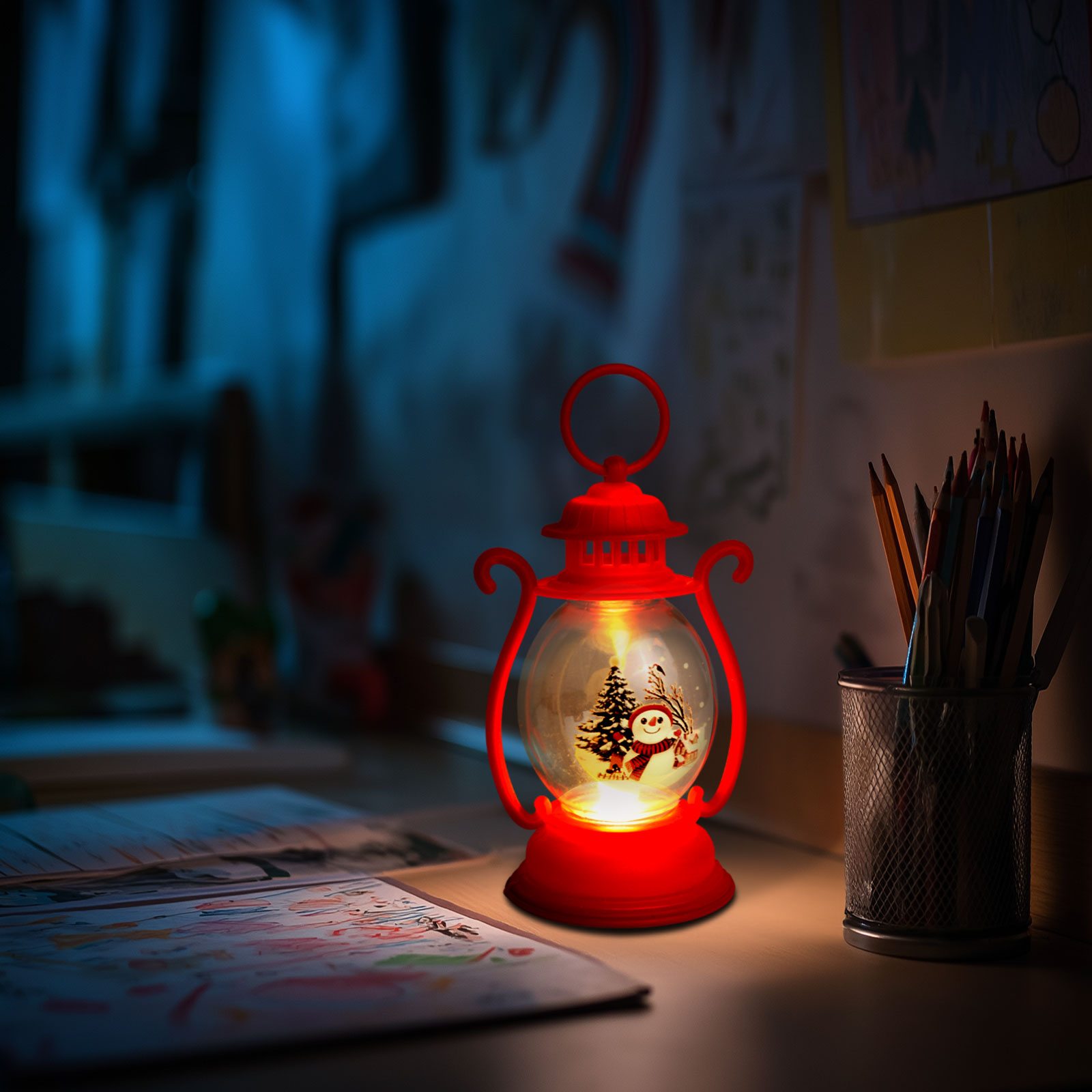 Iluminat Exterior si Solar - Decorațiune de Crăciun - felinar - om de zăpadă - roșu - 16,5 x 7 cm - 3 x LR44