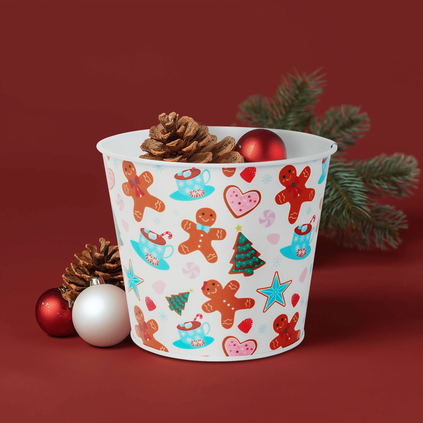 Craciun si Iarna - Decorațiune de Crăciun - ghiveci metalic, găleată - turtă dulce - 13 x 11 cm