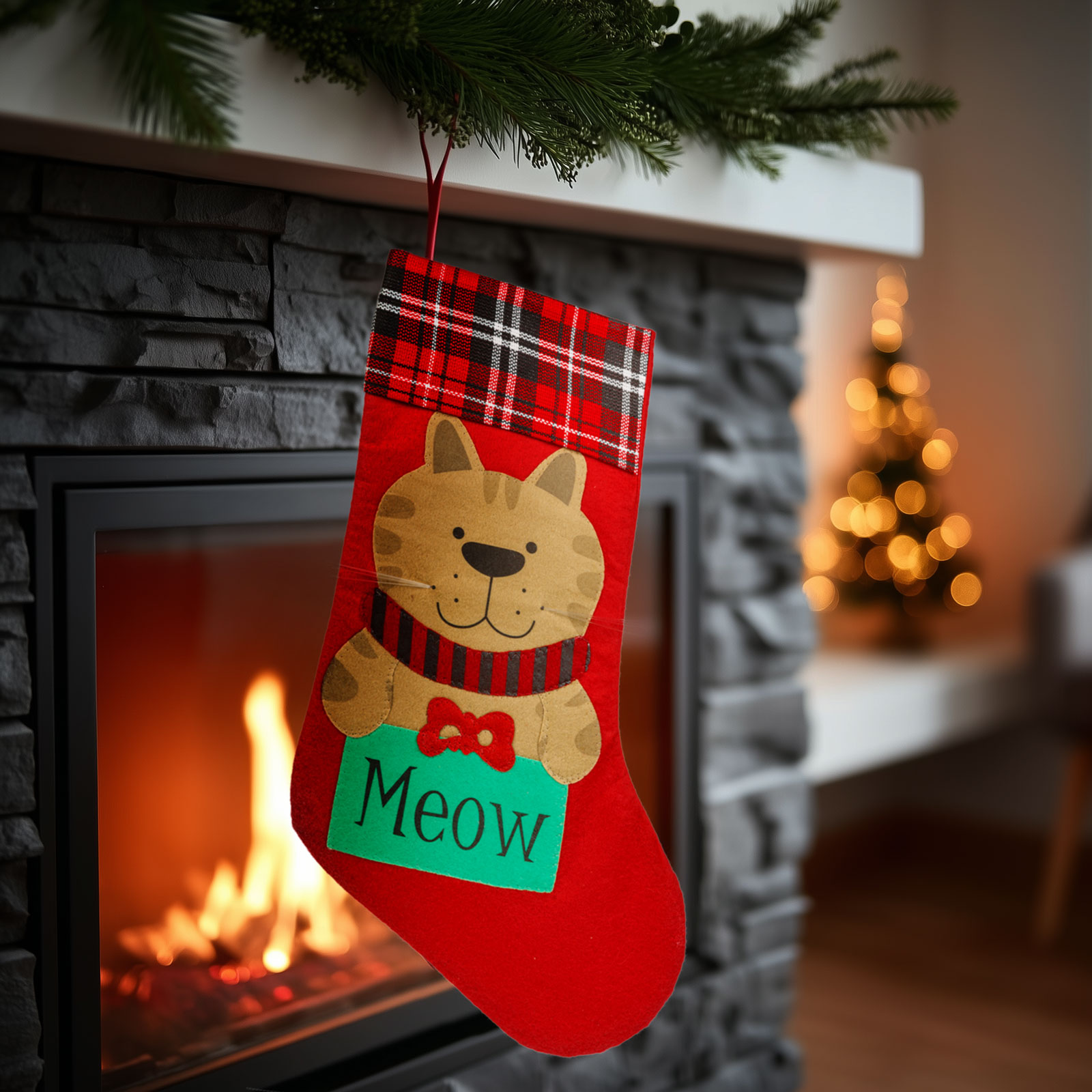 Amenajare si Decor Gradina - Cizmă de Moș Crăciun - pisică - roșu - 42 x 24 cm