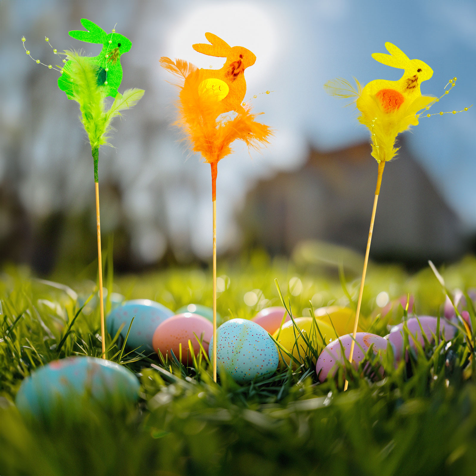 Cadouri romantice si Ziua Indragostitilor - Decor Paste iepuras pe bat, decoratiune Paste pentru ghiveci si gradina, figurina iepure 23 cm