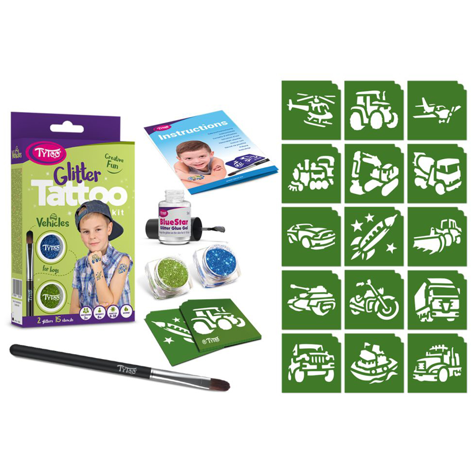 Casa si Gradina - Set Tatuaje cu Sclipici pentru Copii, Modele Vehicule, 15 Șabloane