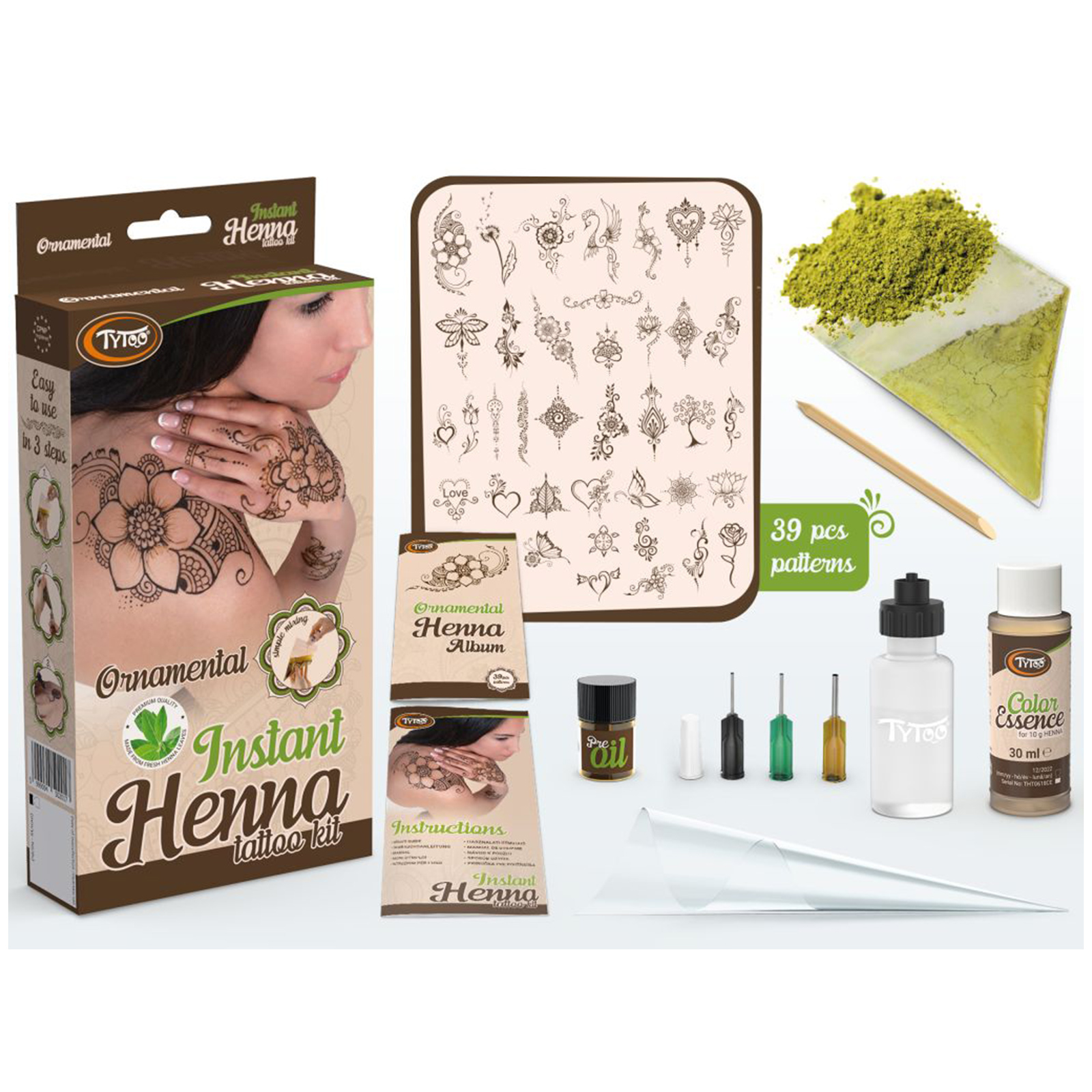 Organizare si Depozitare - Set Henna Instant pentru Tatuaje Temporare Ornamentale, Pudră 10 g și 39 Șabloane