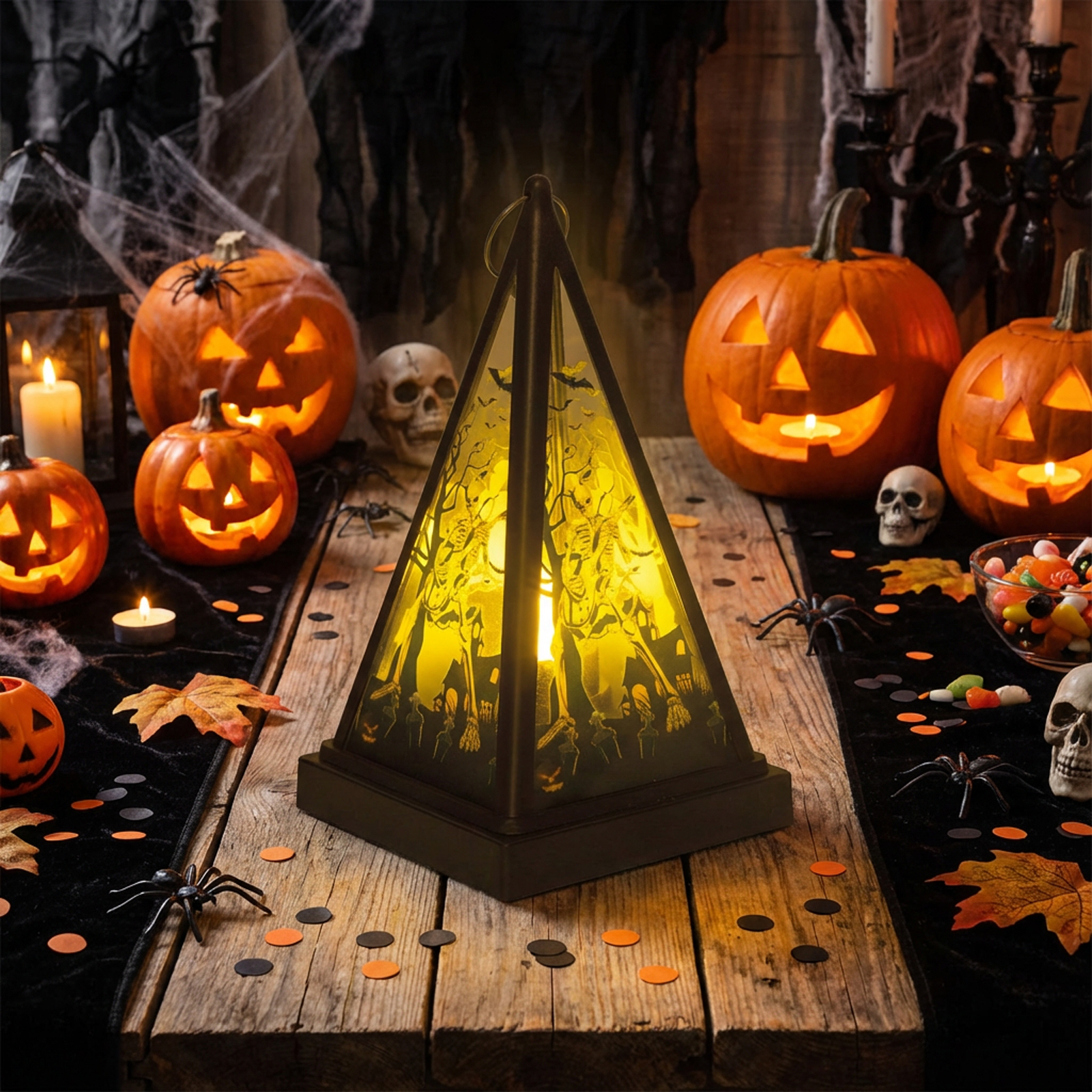 Felinar LED Halloween - schelet - alb cald - negru - 9,5 x 9,5 x 17 cm - 2 x AAA [1]