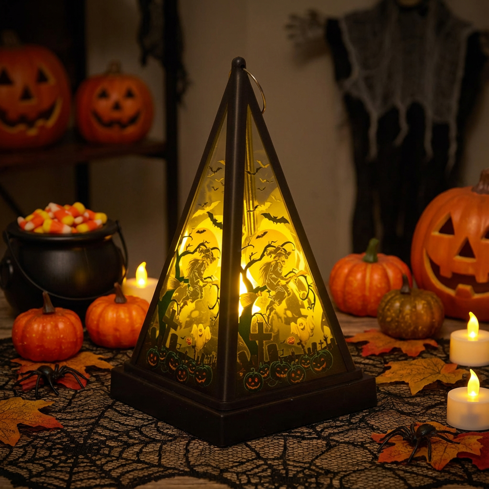 Felinar LED Halloween - vrăjitoare - alb cald - negru - 9,5 x 9,5 x 17 cm - 2 x AAA [1]