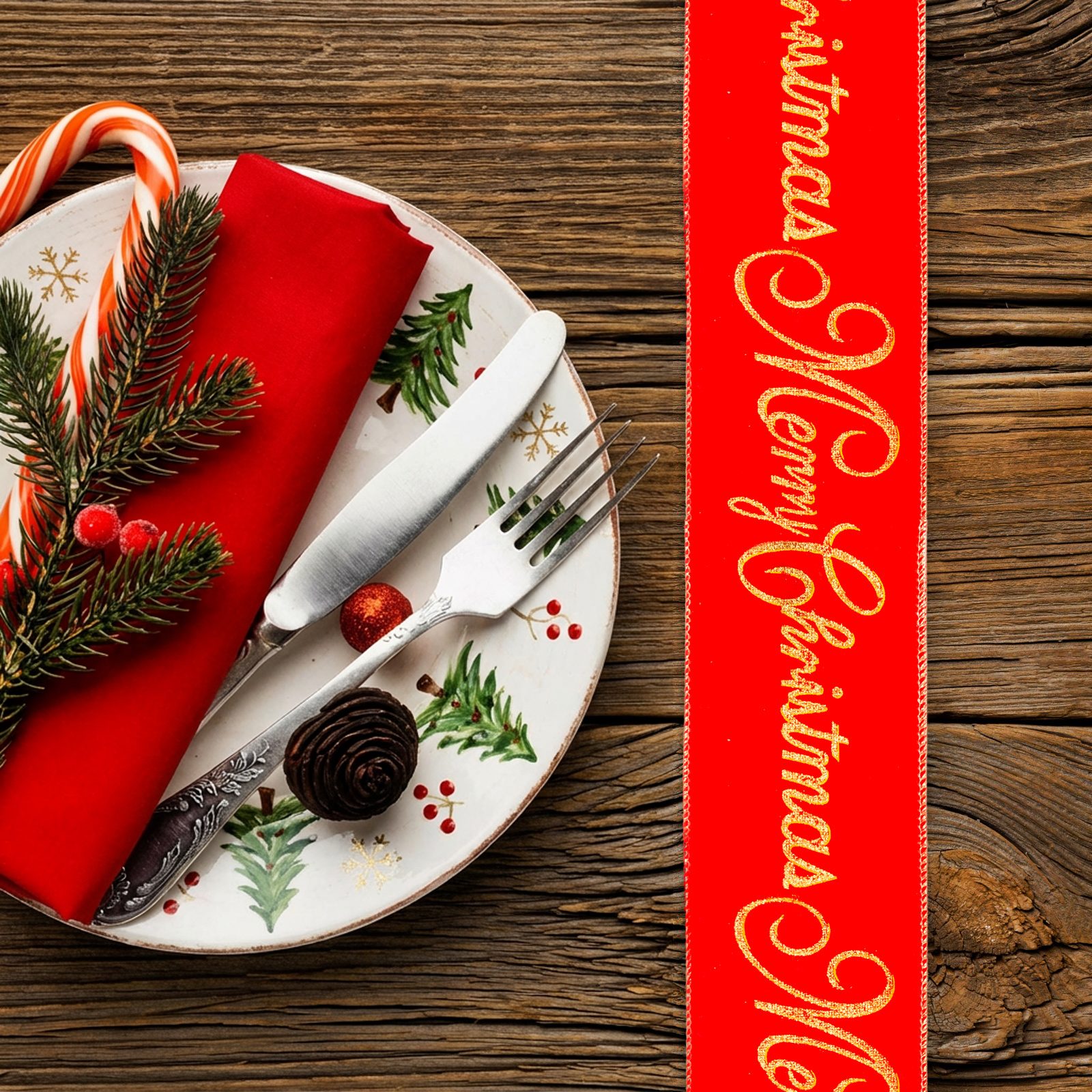 Panglică de Crăciun - roșie - "Crăciun Fericit" - 60 x 8 cm [1]