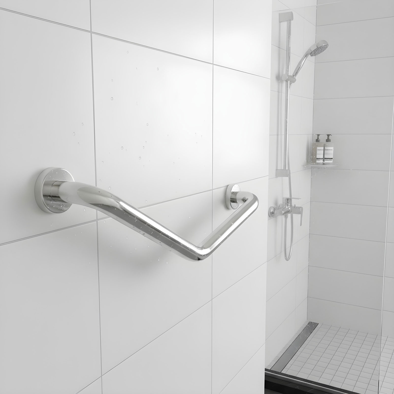 Maner siguranta baie inox cromat 45 grade, bara sprijin cada si dus, suport perete 25+25 cm [1]