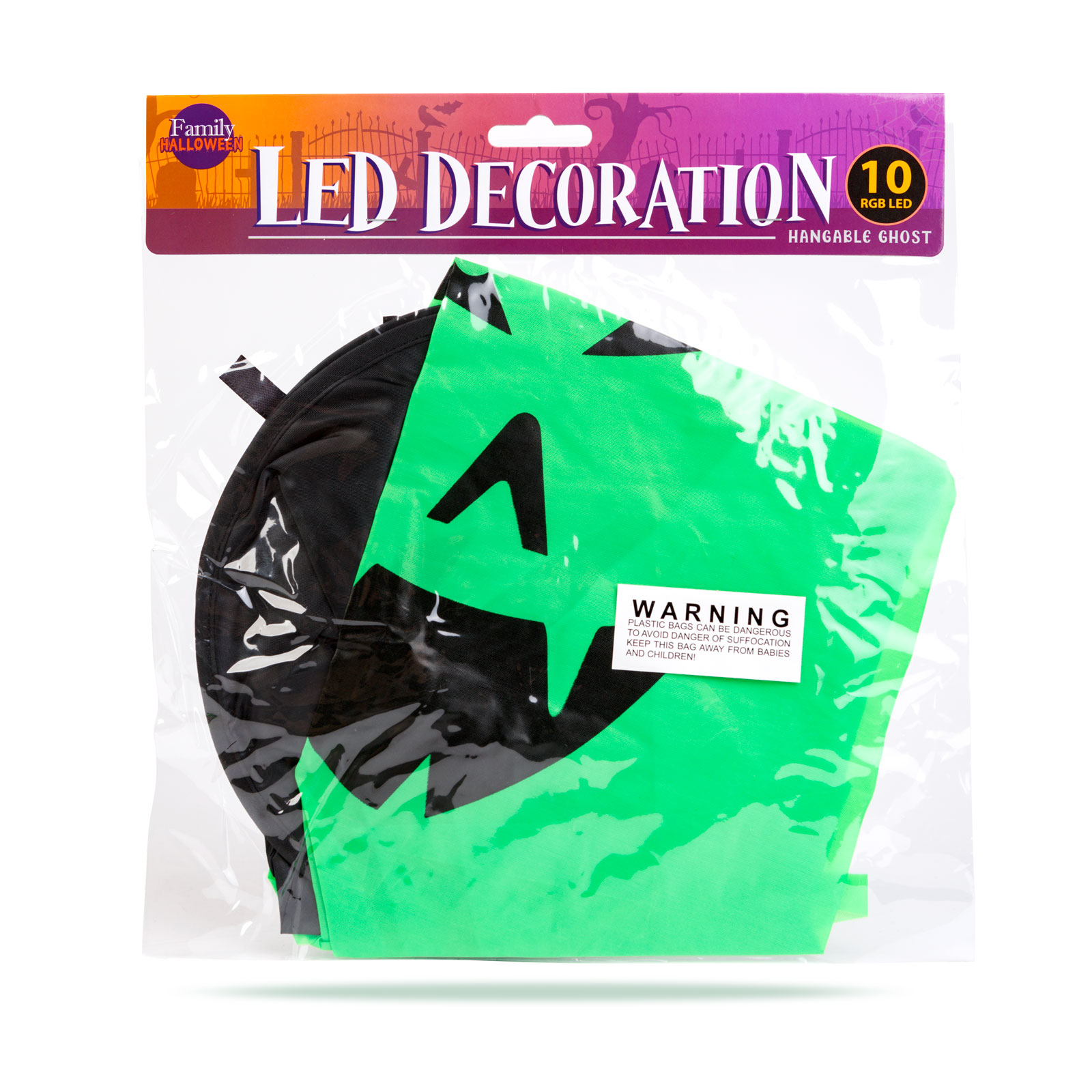 Decor LED Halloween - fantomă - verde - LED 10 culori - suspendabil - 2 x 2032 - 75 x 35 cm [2]
