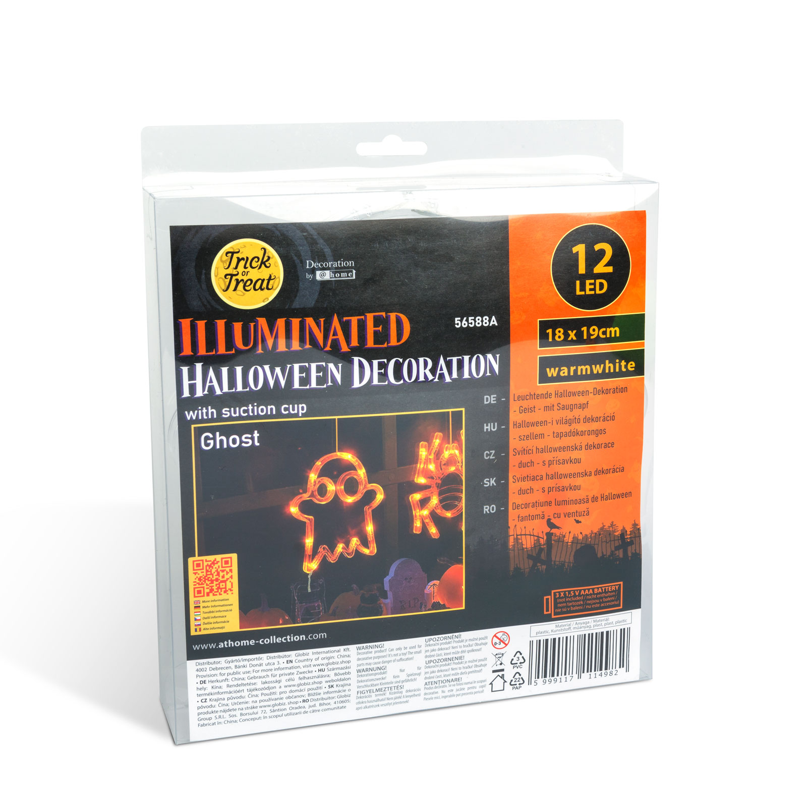 Decorațiune luminoasă de Halloween, fantomă, cu ventuză, 12 LED-uri, 20 x 18,5 cm, 3 x AAA [2]
