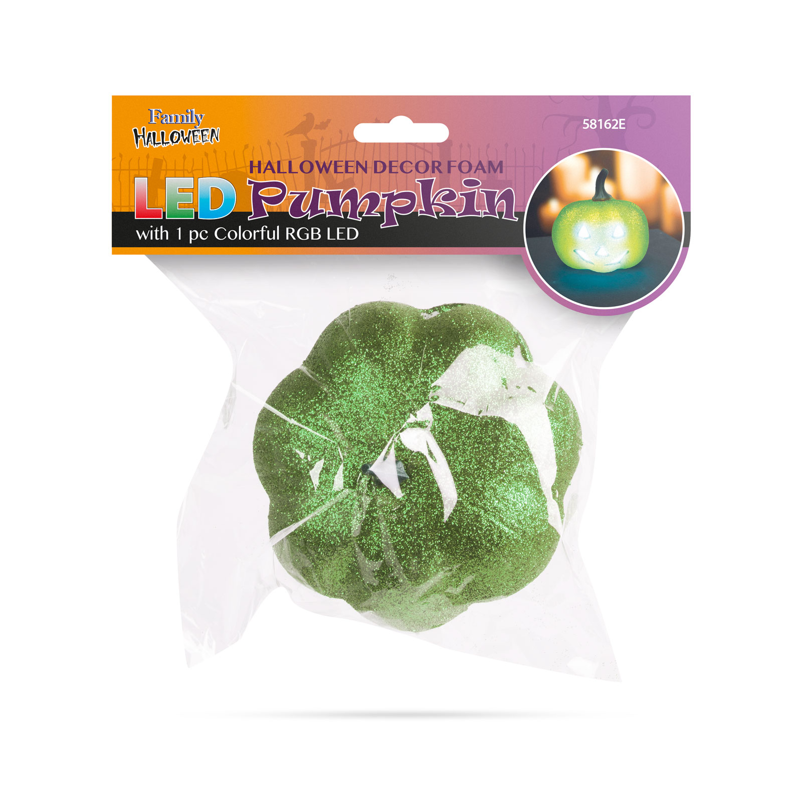 Decor Halloween RGB LED - dovleac din spumă - verde - 11 cm [1]