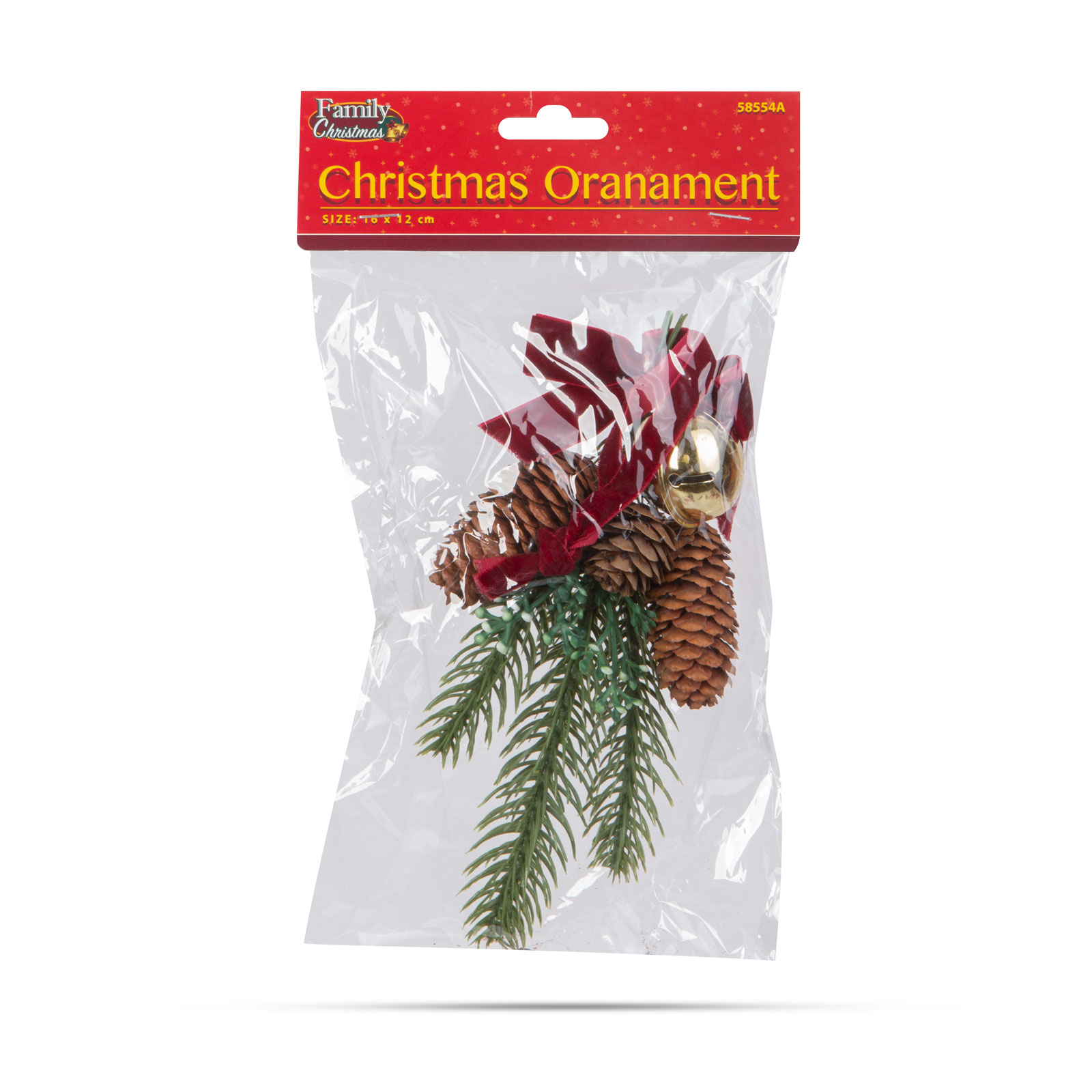 Decor pentru usi de Craciun - pin artificial, cu con, clopot auriu - 16 x 15 cm [2]