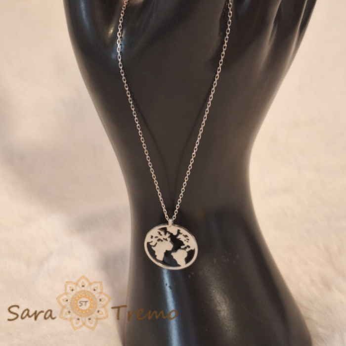Colier din Argint 925 Rodiat cu Medalion Glob Pământesc - Lănțișor Reglabil 45-48 cm [6]