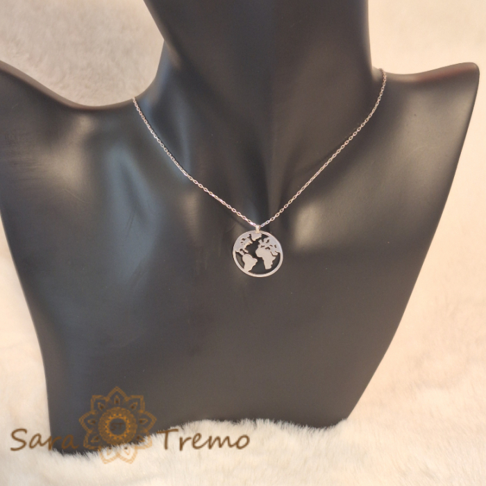 Colier din Argint 925 Rodiat cu Medalion Glob Pământesc - Lănțișor Reglabil 45-48 cm [3]