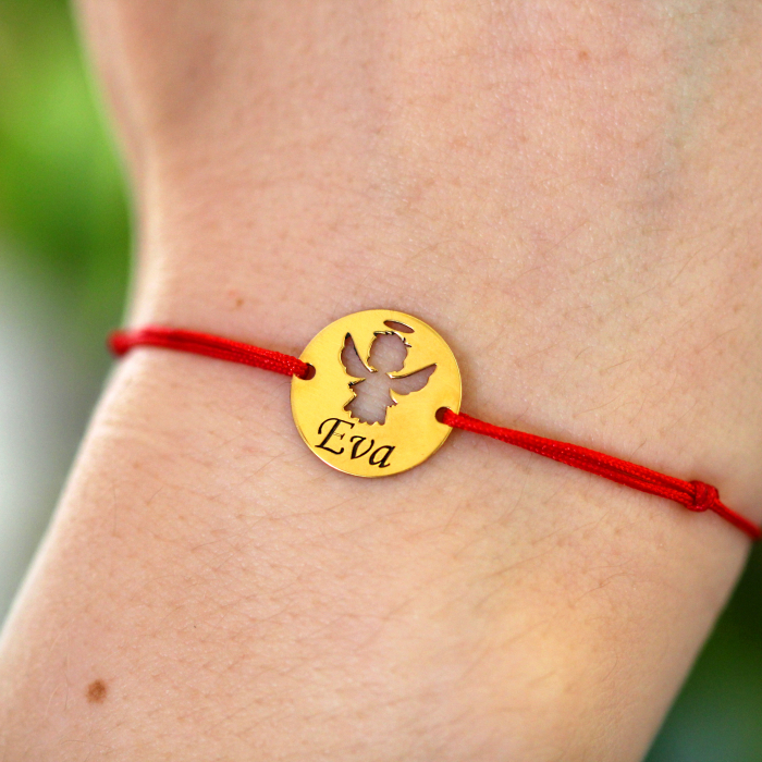Angel - Bratara personalizata snur banut cu ingeras si nume gravat din argint 925 placat cu aur galben 24K [3]