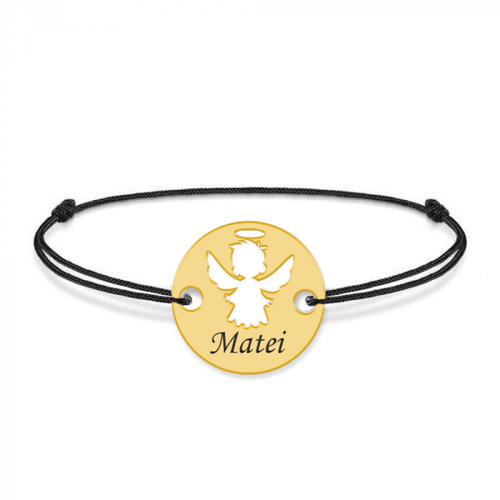 Angel - Bratara personalizata snur banut cu ingeras si nume gravat din argint 925 placat cu aur galben 24K [2]