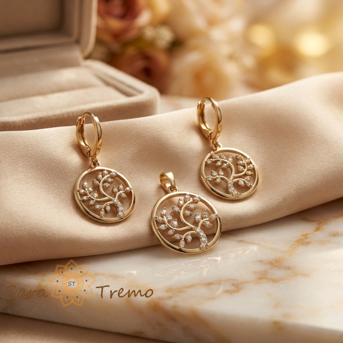 Set Arborele Vietii – Set cercei si pandantiv placate cu aur 14K cu zirconia albe [2]