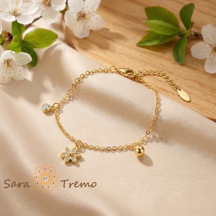 Bratara Floarea Luminii – Bratara dama reglabila placata cu aur 14K cu pandantiv floral [2]