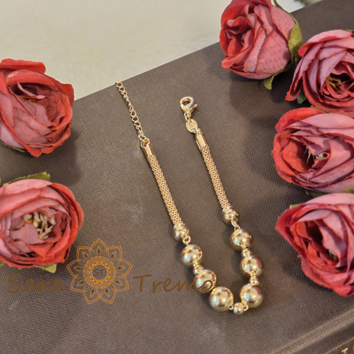 Brățară placată cu aur pentru femei – lanț tip șarpe și perle aurii lucioase, 19 cm + reglaj [4]