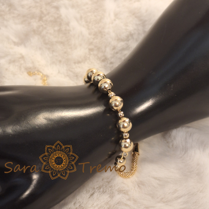 Brățară placată cu aur pentru femei – lanț tip șarpe și perle aurii lucioase, 19 cm + reglaj [6]