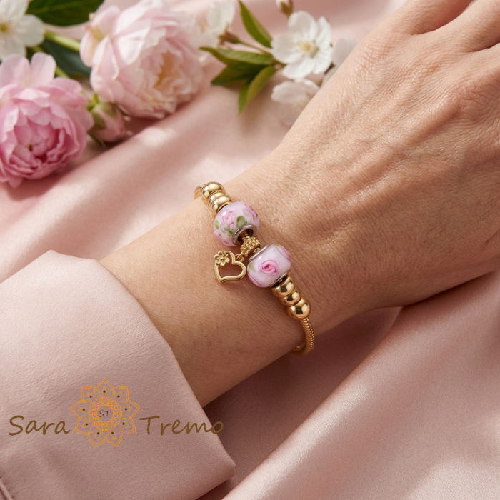 Bratara Inima de Trandafir – Bratara dama cu charms florale placata cu aur 14K [3]