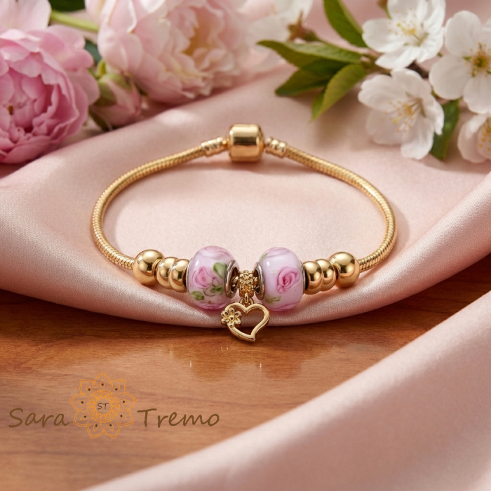 Bratara Inima de Trandafir – Bratara dama cu charms florale placata cu aur 14K [2]